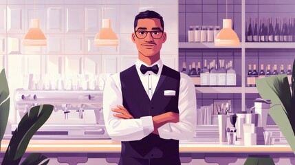 Confident bartender stands with arms crossed behind a bar counter.