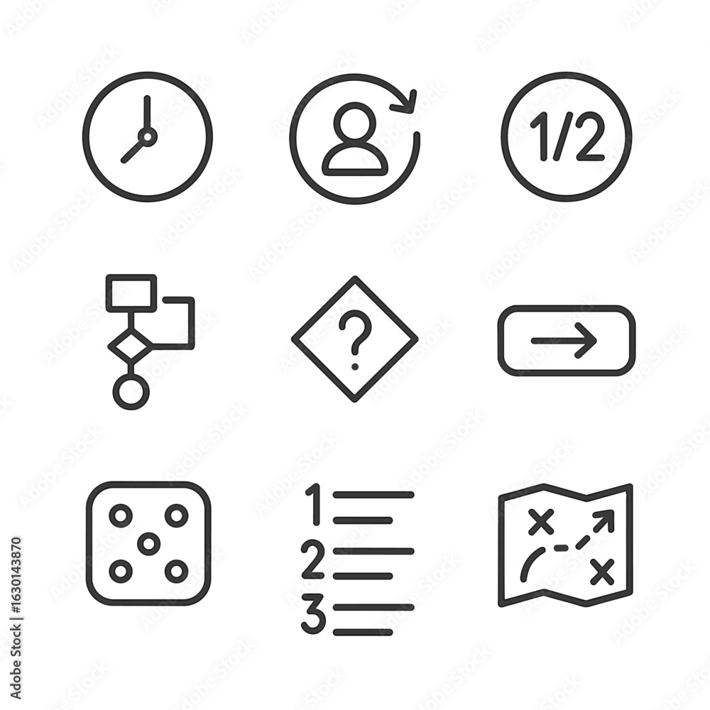 Poster turn-based strategy icons. outline icon set of turn-based strategy: timer clock, player turn icon, r