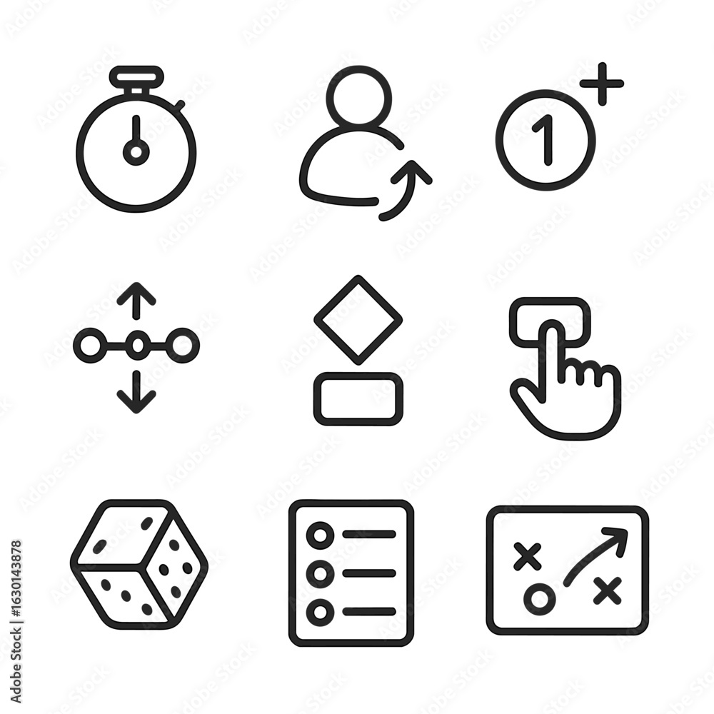 Poster turn-based strategy icons. outline icon set of turn-based strategy: timer clock, player turn icon, r