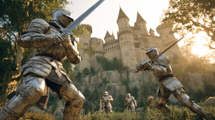 Two armored knights in a fierce sword fight in front of a majestic castle. The scene evokes a medieval battle or fantasy story, with other warriors in the background
