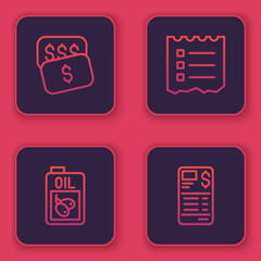 Set line New price tag dollar, Bottle of olive oil, Shopping list and Paper or financial check. Blue square button. Vector