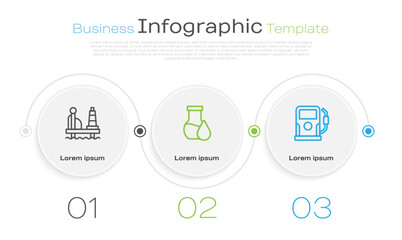 Set line Oil platform in the sea, petrol test tube and Petrol gas station. Business infographic template. Vector