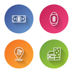 Set line Stacks paper money cash, American Football ball, Eagle and Burger. Color circle button. Vector