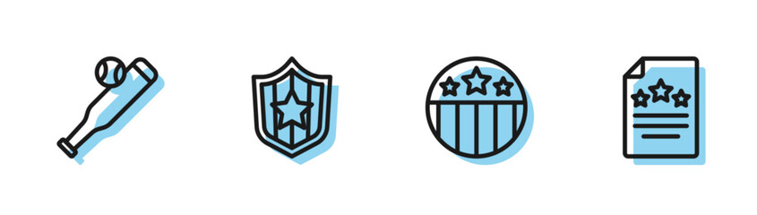 Set line Medal with star, Baseball bat ball, Shield stars and Declaration of independence icon. Vector