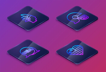 Set Isometric line Native American Indian, USA Independence day, football helmet and . Blue square button. Vector