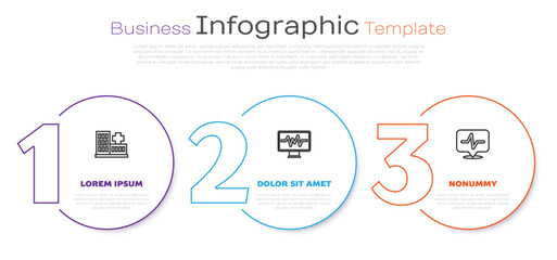 Set line Hospital building, Monitor with cardiogram and Heart rate. Business infographic template. Vector
