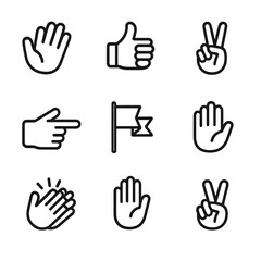 Icon Grid Collection. Outline icon set of signal gestures: hand wave, thumbs up, peace sign, signal flag, pointing finger, alert