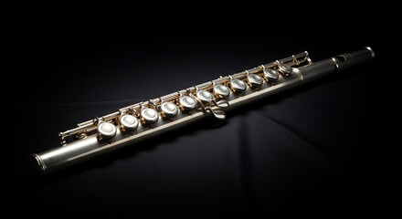 Fototapeta premium Silver Flute with Black Background and Soft Lighting for Music and Instrumental Photography
