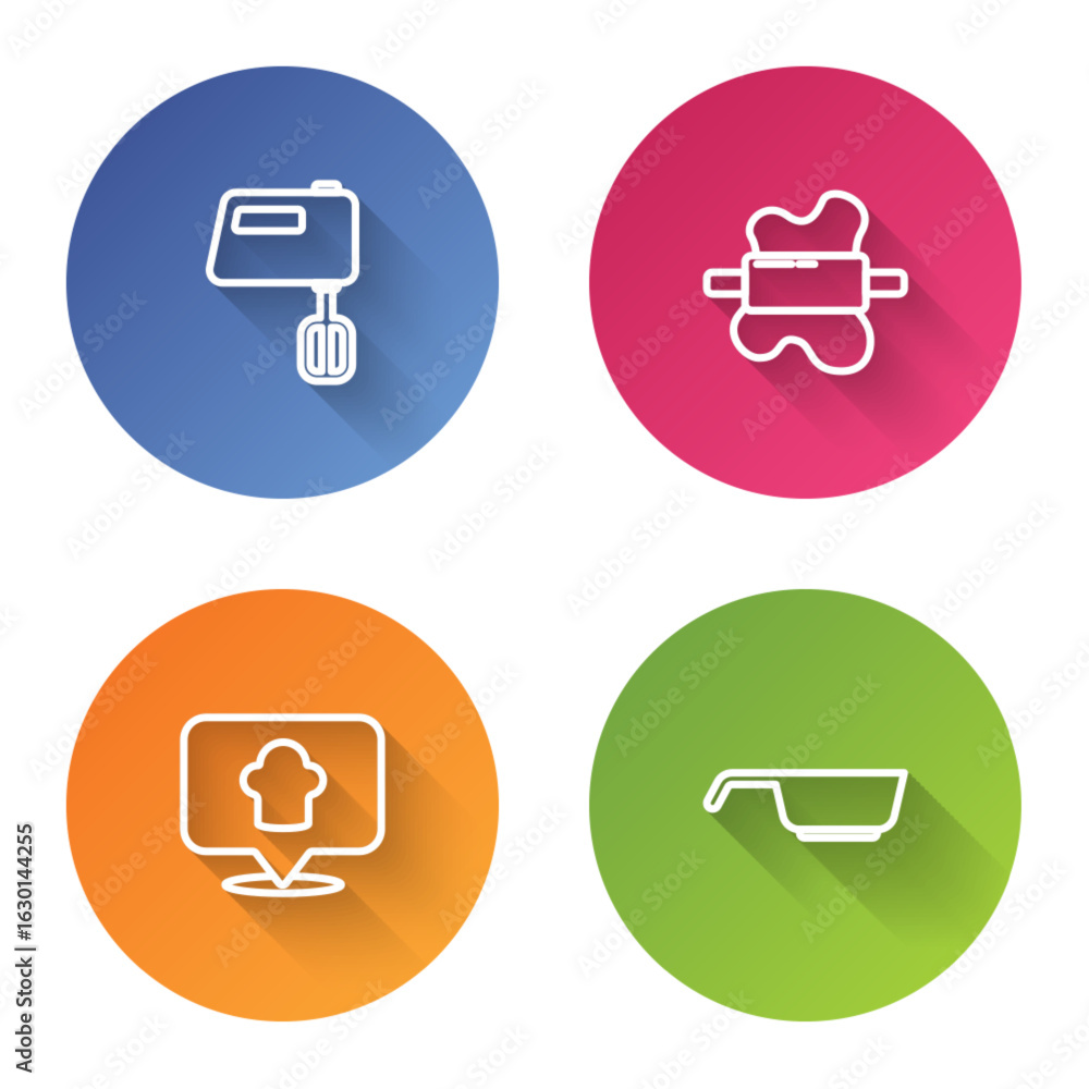 Poster set line electric mixer, rolling pin on dough, chef hat with location and frying pan. color circle b
