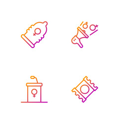 Set line Condom in package, Debate podium rostrum, and Feminist activist. Gradient color icons. Vector