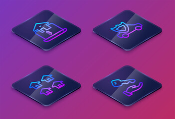 Set Isometric line Online real estate, Real, Car with shield and House key. Blue square button. Vector