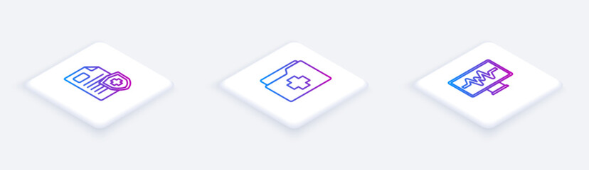 Set Isometric line Patient record, and Monitor with cardiogram. White square button. Vector