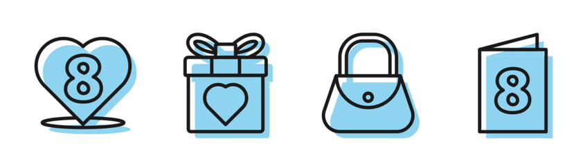 Set line Handbag, Heart with 8 March, Gift box and heart and Greeting card with 8 March icon. Vector