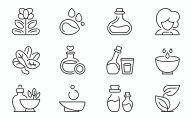 Collection of spa and wellness icons featuring natural ingredients and treatments silhouette isolated on white background