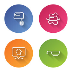 Set line Electric mixer, Rolling pin on dough, Chef hat with location and Frying pan. Color circle button. Vector