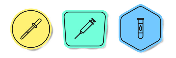 Set line Pipette, Syringe and Blood test and virus. Colored shapes. Vector