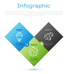 Set line Planet Saturn, Asteroid and UFO abducts cow. Business infographic template. Vector