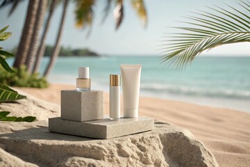 Stone podium for summer cosmetics product presentation on blurred tropical sea sand beach background