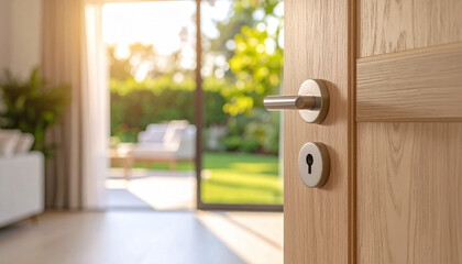 Obraz premium Opened door in a bright home, clear focus on the handle Background Ai Image