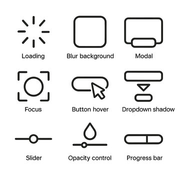 UI Design Icon Set. Outline icon set of blur in UI design: loading spinner, blur background, modal overlay, focus effect, button