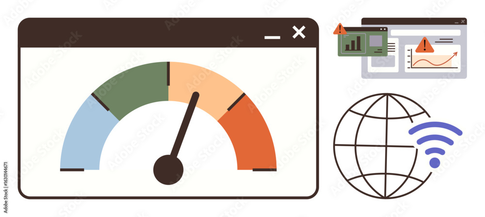 Poster colorful speed gauge in browser window, chart with warning icons, and globe with wireless. ideal for