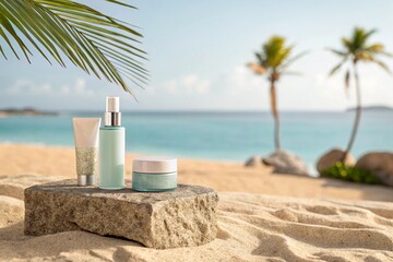 Stone podium for summer cosmetics product presentation on blurred tropical sea sand beach background