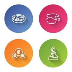 Set line Petri dish with bacteria, Test tube, Sulfur dioxide SO2 and Alcohol or spirit burner. Color circle button. Vector