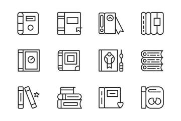 Collection of book icons representing different genres and formats silhouette isolated on white background