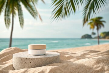 Stone podium for summer cosmetics product presentation on blurred tropical sea sand beach background