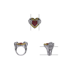 Jewelry design surreal heart ring with red sapphire by hand drawn.