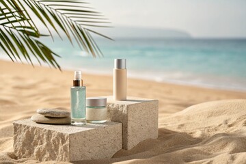 Stone podium for summer cosmetics product presentation on blurred tropical sea sand beach background