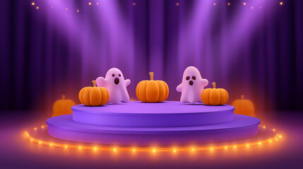 Halloween podium, Halloween themes with a festival background, holiday celebration illustration with copy space on purple banner design. happy Halloween day.