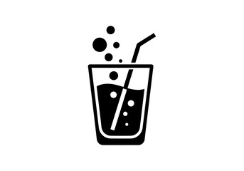 Vector glyph icon of a cold beverage in a glass with a straw and bubbles. Minimalist design of a sparkling soda drink for refreshment concepts.