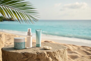 Stone podium for summer cosmetics product presentation on blurred tropical sea sand beach background