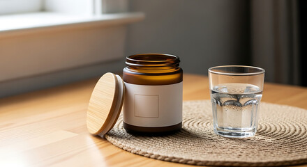 An amber glass jar with a blank label and a wooden lid sits next to a glass of water on a woven placemat, near a window.