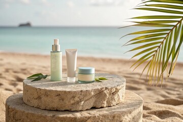 Stone podium for summer cosmetics product presentation on blurred tropical sea sand beach background