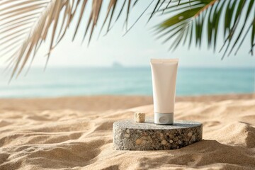 Stone podium for summer cosmetics product presentation on blurred tropical sea sand beach background