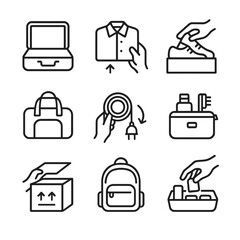 Unpacking Icon Set. Outline icon set of unpacking actions: open suitcase, remove clothes, take out shoes, unfold bag, unroll cable
