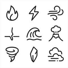 Untamed Elements Icons. Outline icon set of untamed elements: fire flame, lightning bolt, gust of wind, earthquake crack, flood