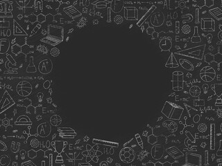 School supplies drawn on a blackboard, formulas for physics, chemistry, geometry, and biology written in chalk. Back to school. Studying science. School background with a round frame in the center.