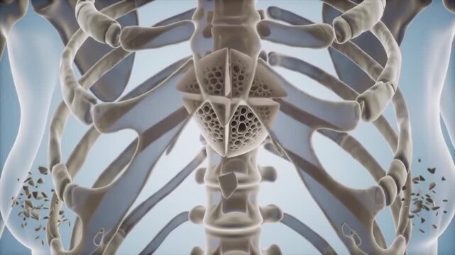 Dramatic 3D visualization of an acute spinal cord injury showing complete severance. Medical, trauma, paralysis concept.