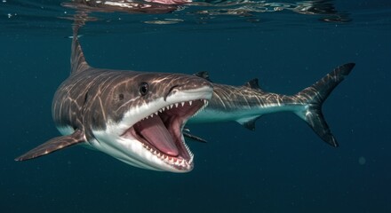 Fototapeta premium A sand tiger shark with its mouth open, swimming underwater, showcasing its sharp teeth and dark coloration.