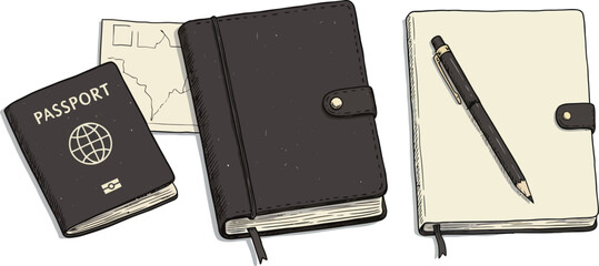 Travel essentials: passport and notebooks with pen in vintage style