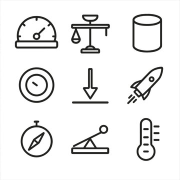 Uranus System Icons. Outline icon set of Uranus system metrics: equatorial radius gauge, mass scale indicator, volume cylinder,