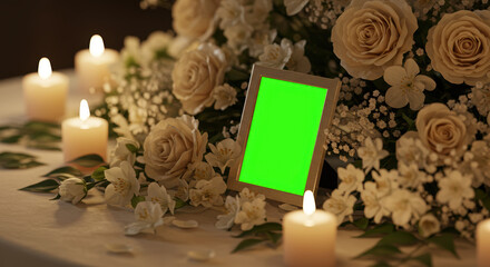 Funeral arrangement with burning candle and green screen frame.  Floral arrangement includes lilies, roses and other flowers near lit candle.  Green screen photo frame mockup for condolence messages.