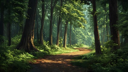 Naklejka premium Sunlight filters through a dense forest onto a winding dirt path