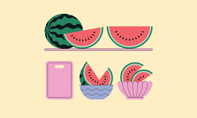 Slices and whole watermelon with seeds, some in striped bowls and on a pink cutting board. A simple, modern vector illustration on a beige background.

