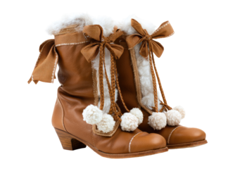 Pair of tan leather boots with faux fur trim and bows