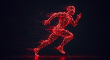 Abstract Red Wireframe Figure Running on Grid Background