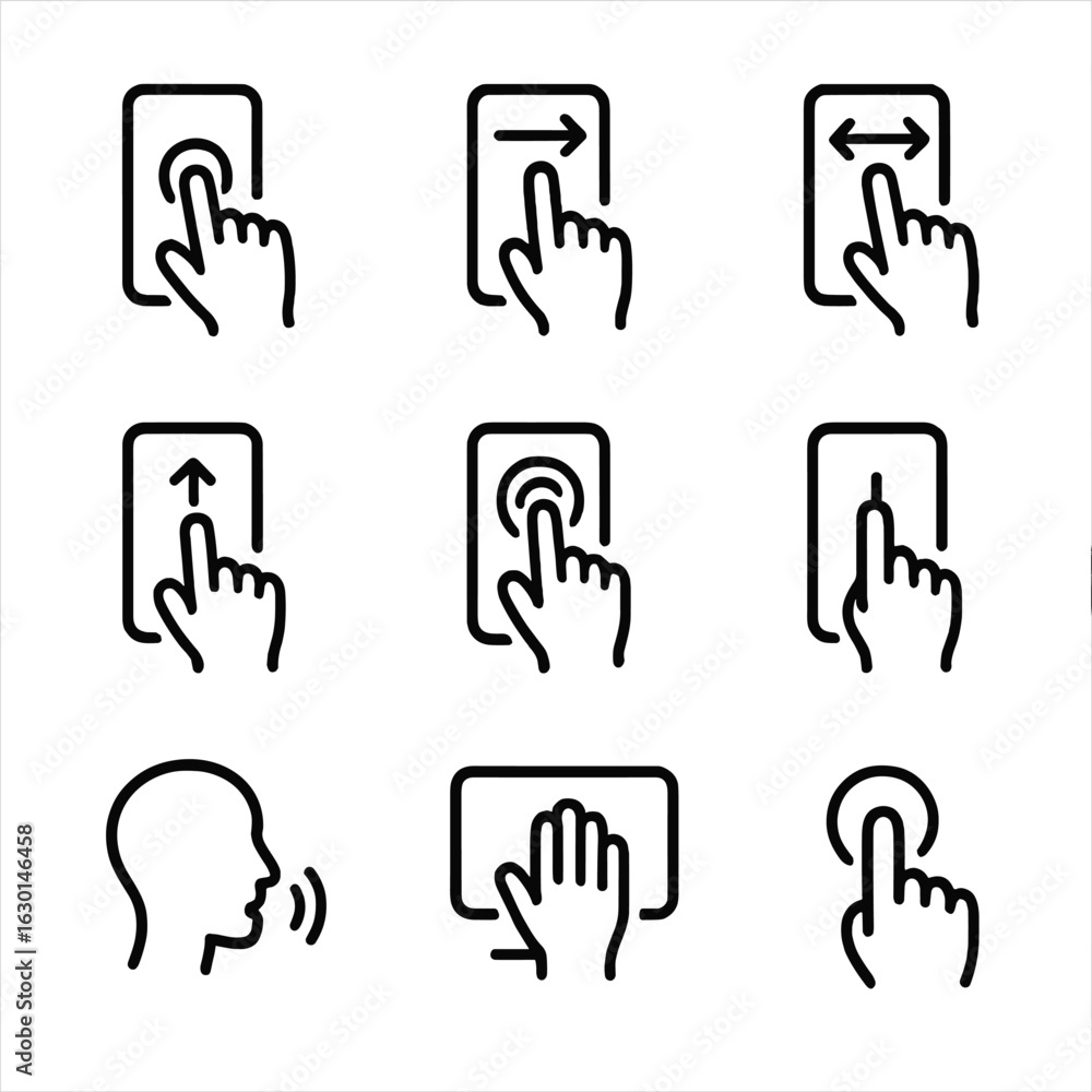 Poster user interaction icons. outline icon set of display user interactions: tap, swipe, pinch zoom, drag,